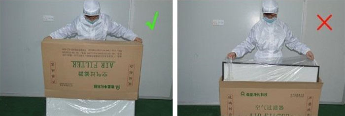 把高效过滤器慢慢倒出来,把纸箱放一边查看高效过滤器是否损坏 把高效过滤器慢慢倒出来,把纸箱放一边查看高效过滤器是否损坏